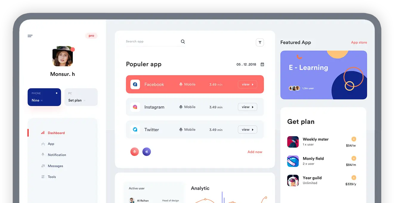 layout di un'app di pianificazione social media